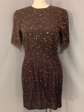 Vintage Beaded Brown Sequin Short Sleeve Dress Stenay Classic